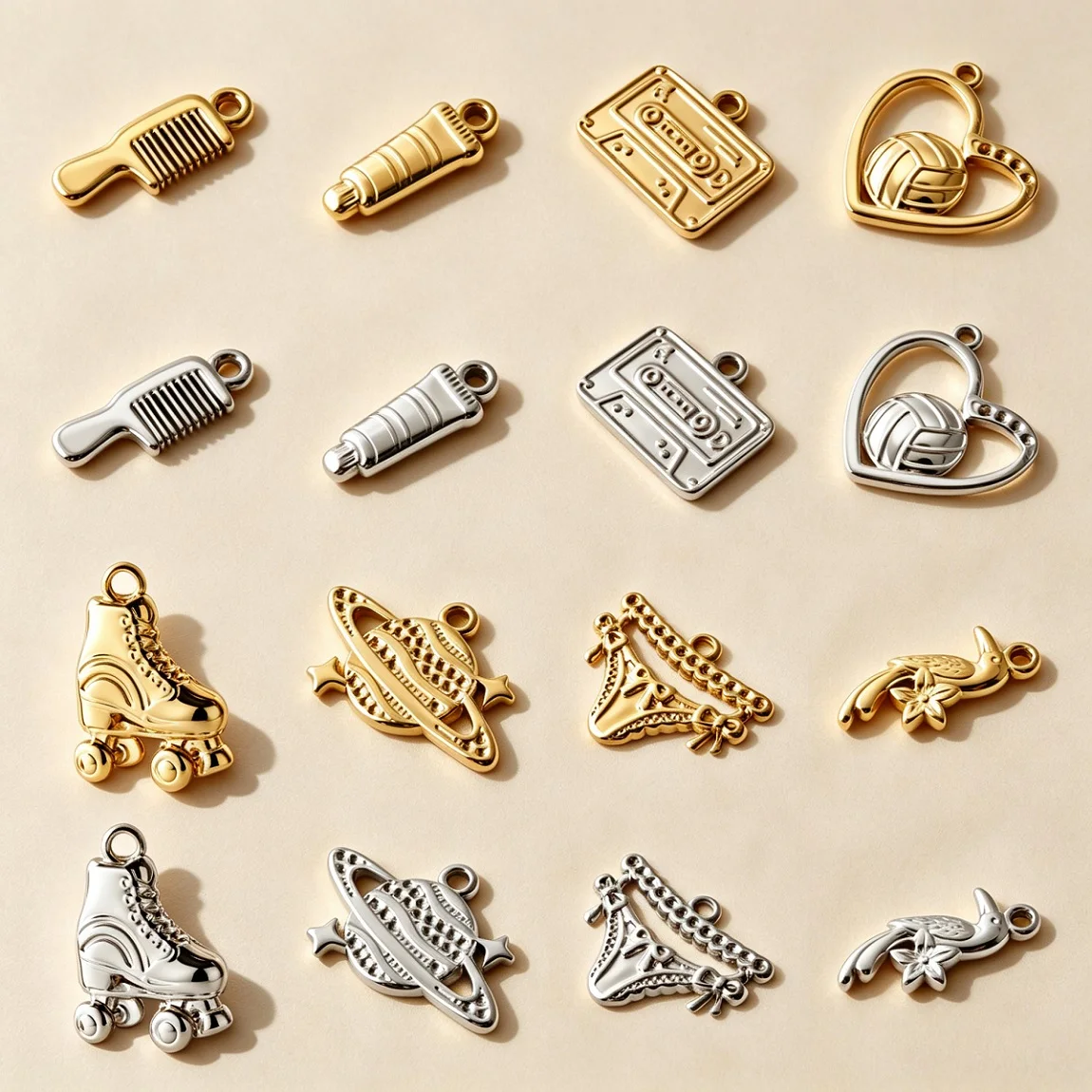 Cute 5pcs/lot 18K Gold Plated Stainless Steel Pendant Magnetic Tape Roller Skates Toothpaste Comb Charms For DIY Jewelry Makings