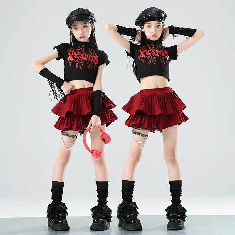 Kids Jazz Costume Cheerlead Dance Crop Tops Red Skirt Kpop Performance Outfits Hip Hop Dance Clothing Kids Street Wear BL15797