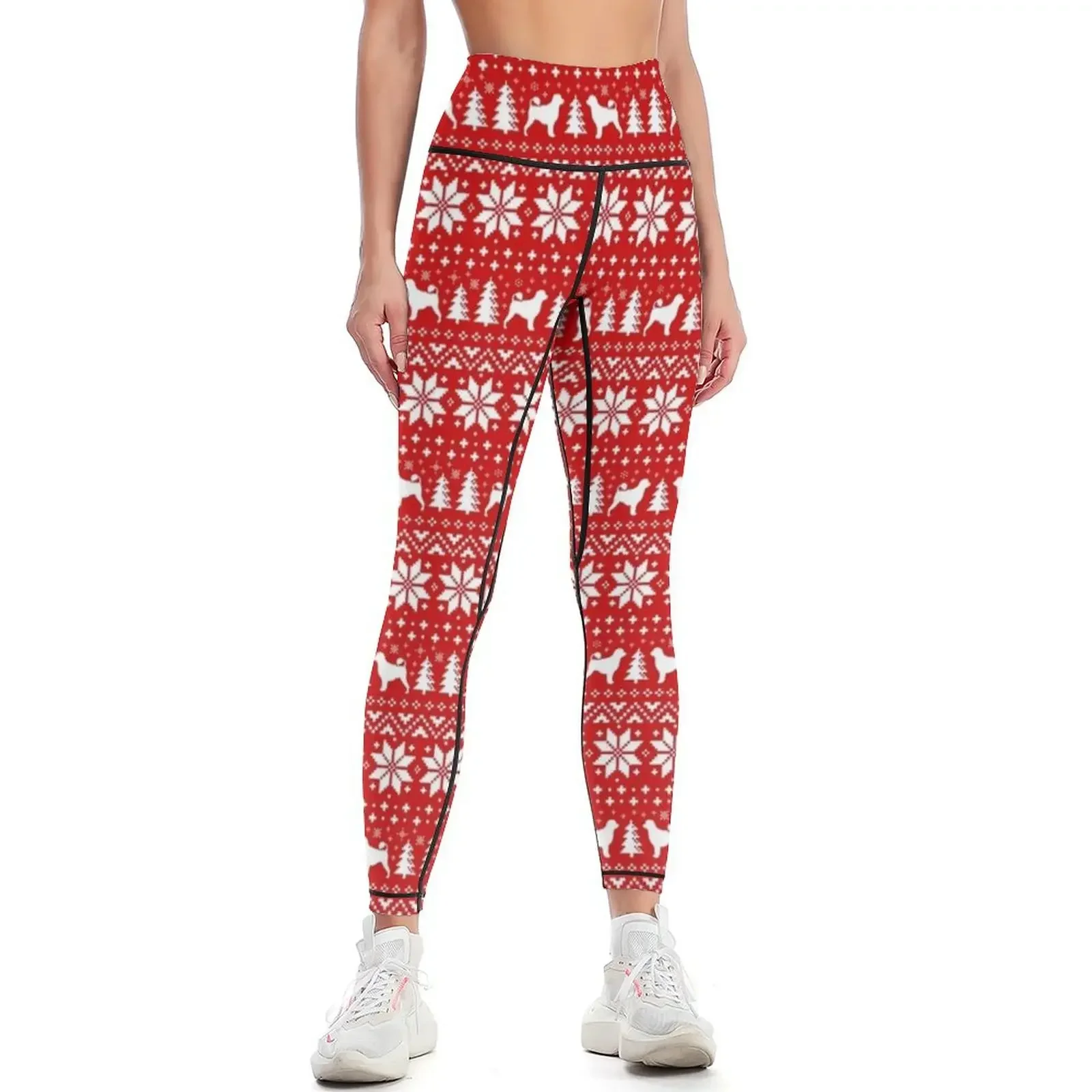 Portuguese Water Dog Silhouettes Red and White Christmas Holiday Pattern Leggings exercise clothing for Womens Leggings