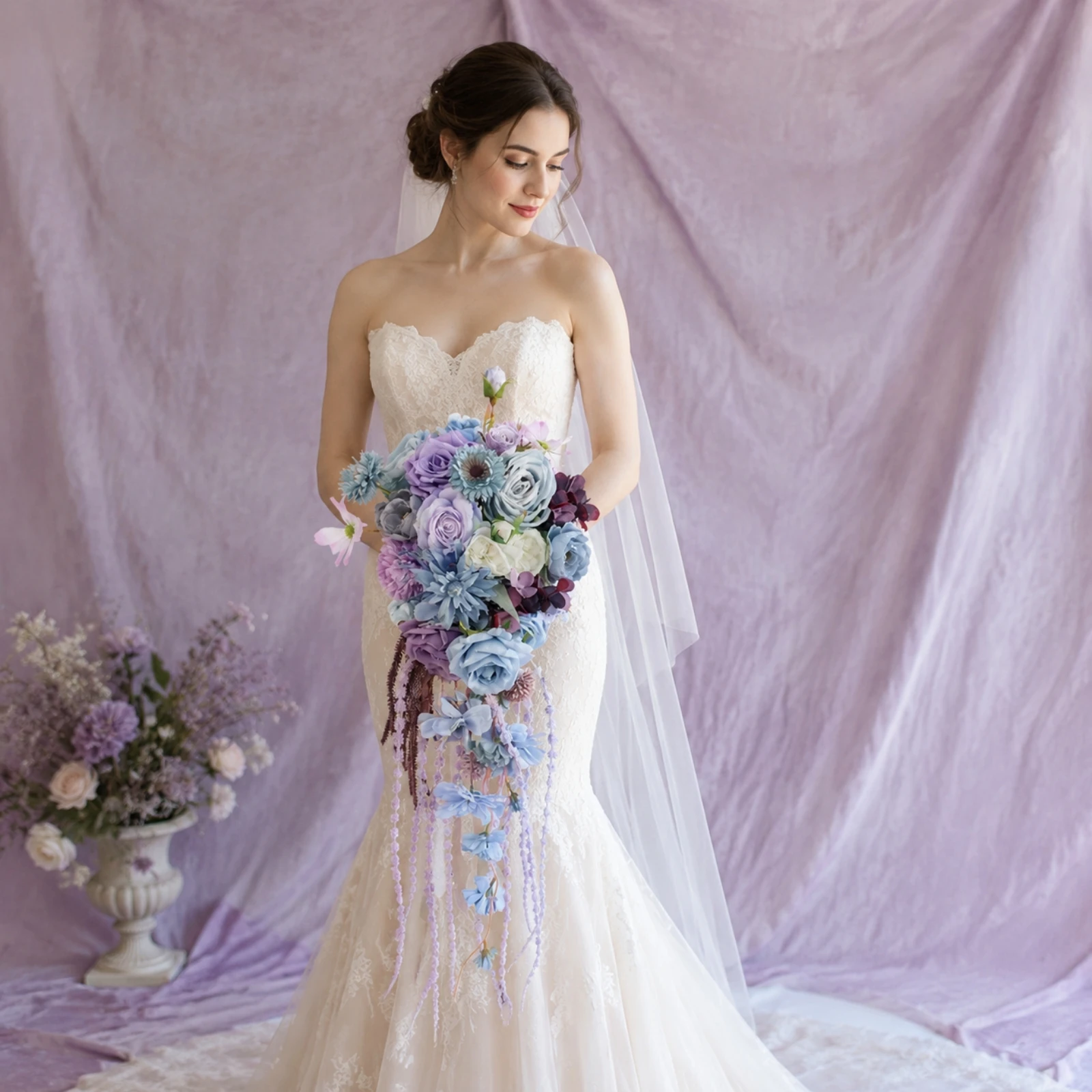 Cascading Bridal Hand Bouquet Elegant Silk Flower Bridal Bouquet with Trailing Stems Romantic Lightweight for Brides