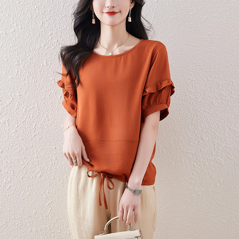 

Short Sleeve Women Blouse O-neck T-shirts OL Summer Fashion Casual Blouse for Women Ruffle Edge Vintage Womens Tops and Blouses