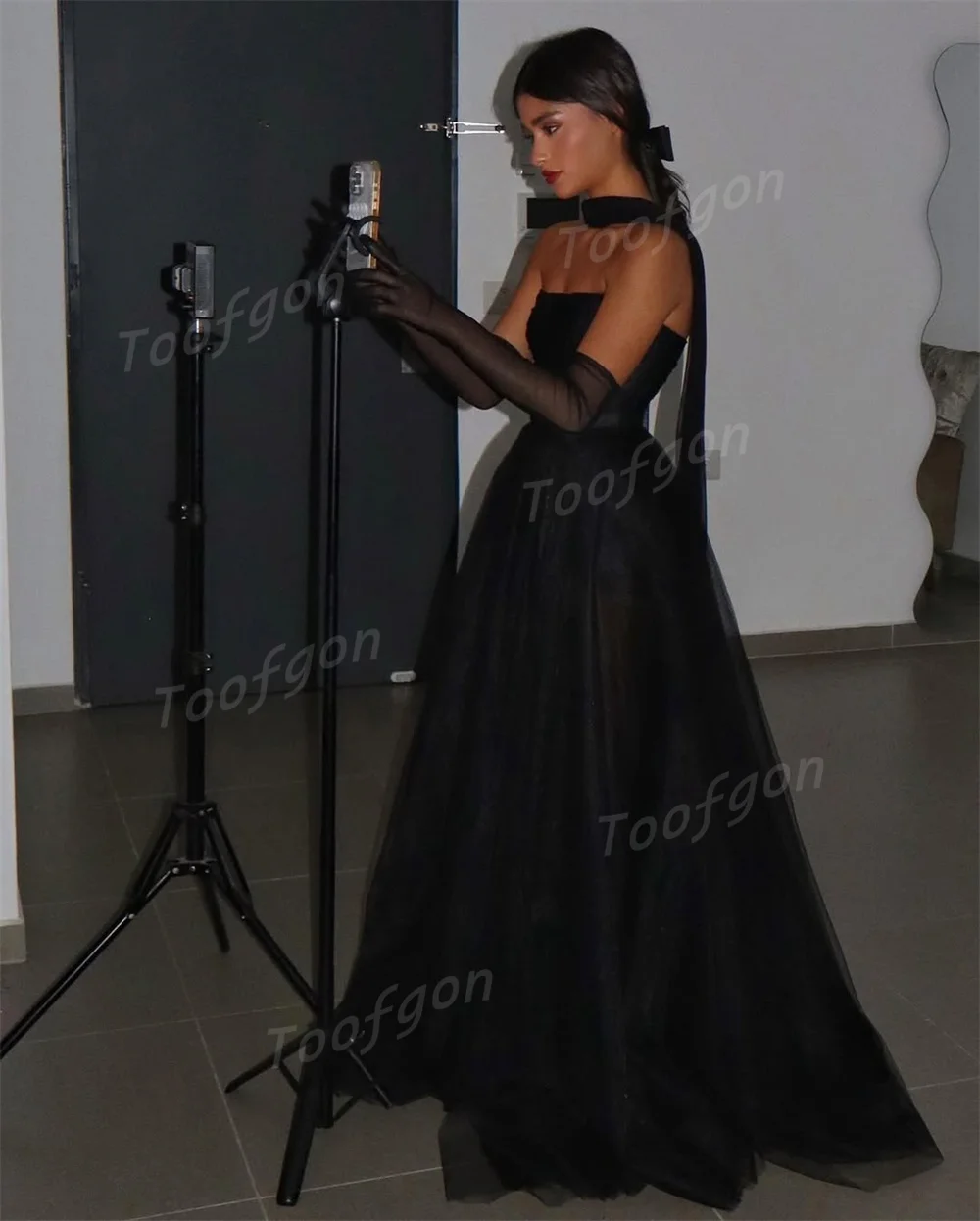 فساتين سهرة من Toofgon عتيقة من التول الأسود بفتحة عالية للحفلات الراقصة مخصصة رداء Soirée للنساء فستان رسمي طويل