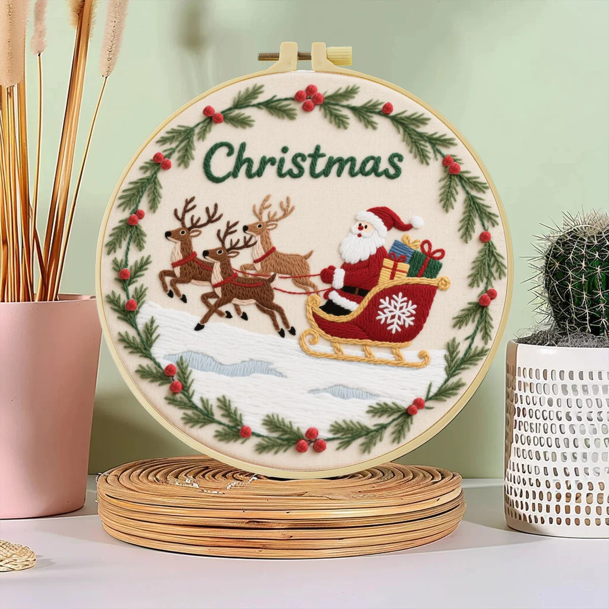 1 Stück 20x20 cm/7,87 Zoll Weihnachtsmann und Elch Stickerei Starter-Kit DIY-Set Handarbeits-Malerei Nadelkunst Heimdekoration – Detail 3