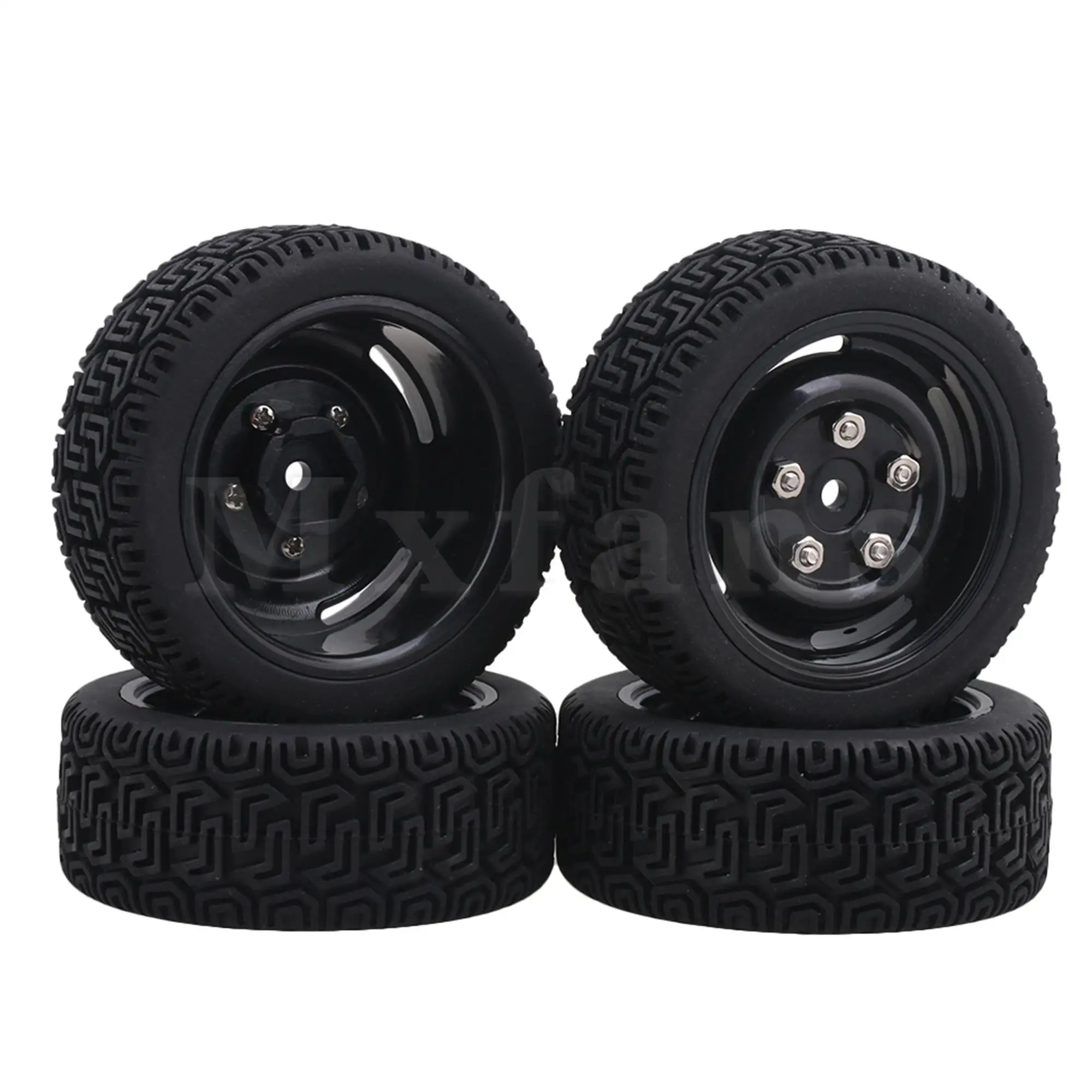 Mxfans 4pcs Black 4-Holes Wheel Rims & L Shape Rubber Tyres for RC1:10 On Road Car