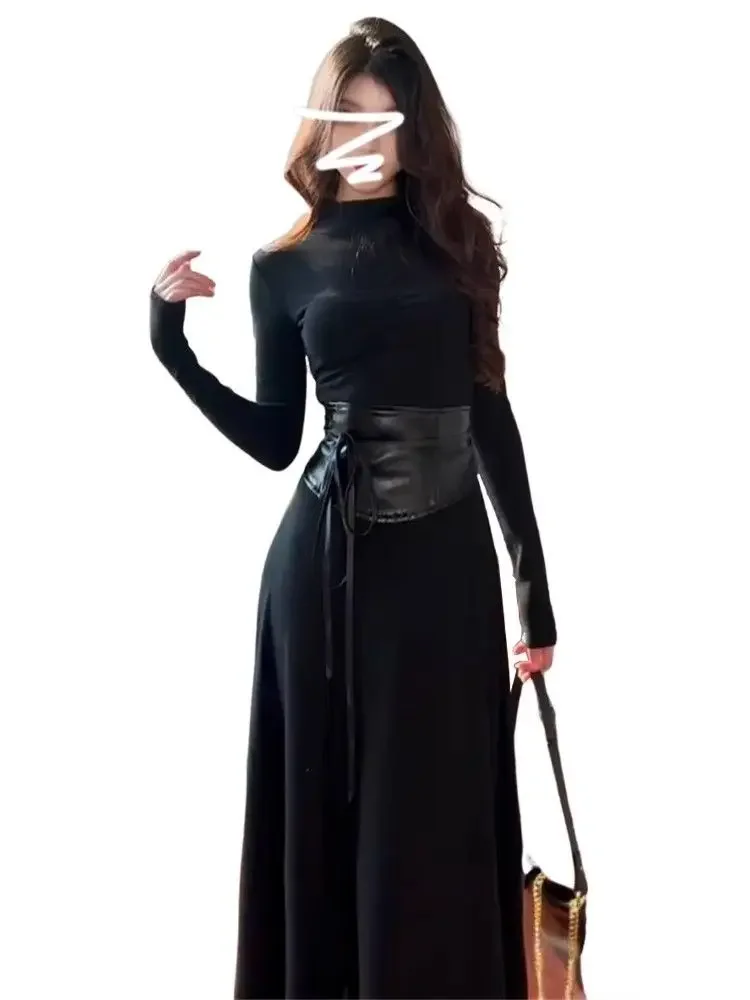 Dresses Long Sleeved Womens Dress Lady Autumn Modal Grayish Blue Half-Turtleneck Smocking Pleated Waistband Preppy Students Chic