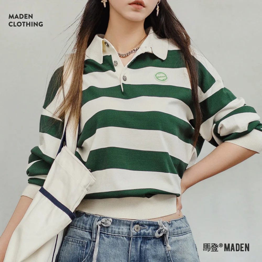 Maden Retro Classic White and Green Color Blocking Striped Polo Shirt for Women Autumn Long-sleeved T-shirt Loose Casual Tops