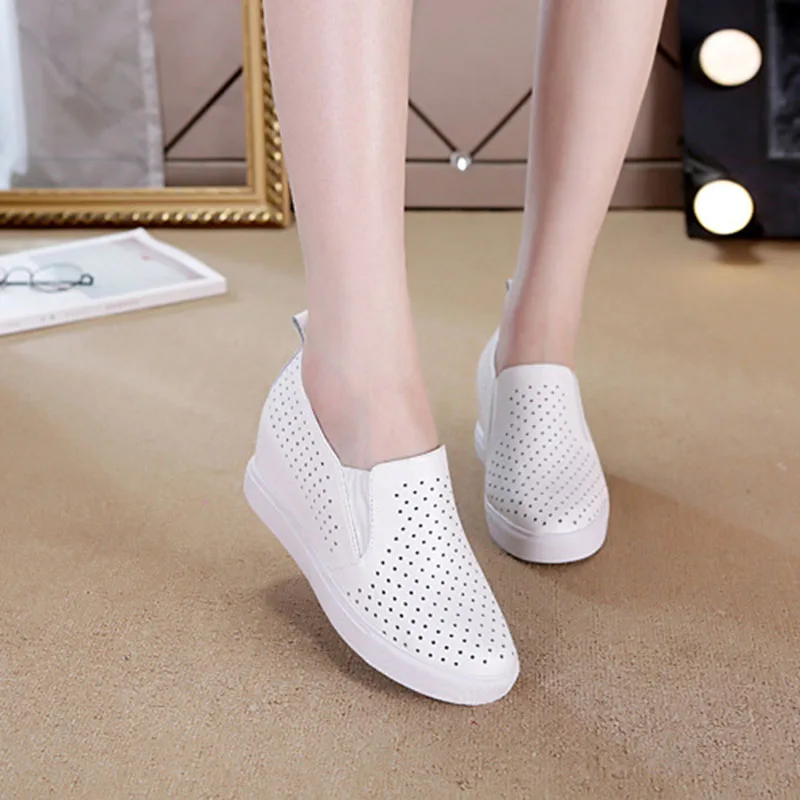 100% Genuine Leather Shoes Women Sneakers Casual Woman Height Increasing Shoes Summer Holes Shoes Flat Platform Women Flats 4642