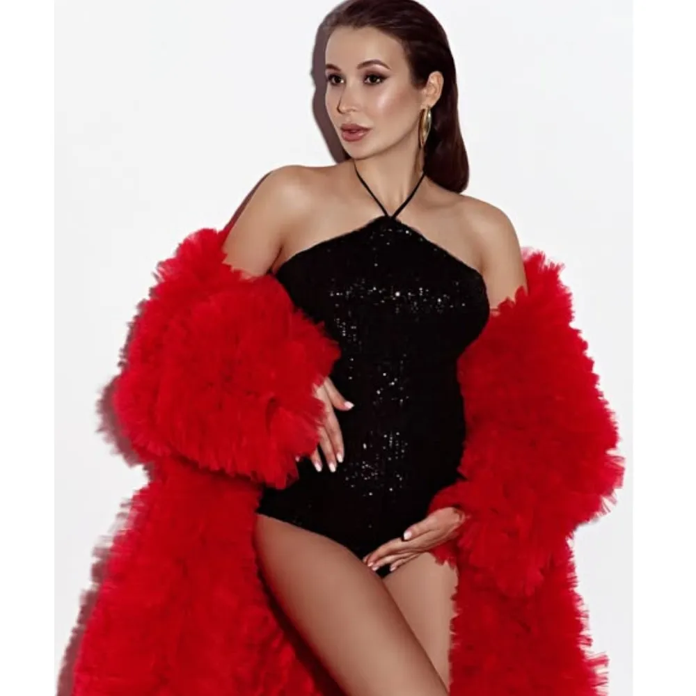 

Couture Red Volume Ruffles Tulle Long Women Jackets Maternity Women Jacket Cloak Bridal Jacket Outerwear Coat Cloak
