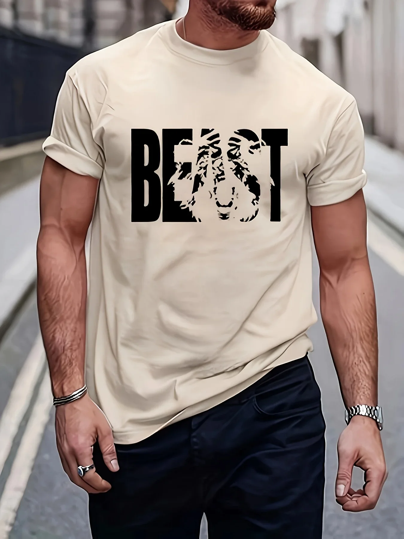 Summer Men's 100_ Pure Cotton Casual Loose Fit Plus Size Beast Printed Comfortable Round Neck Short Sleeved T-shirt Top