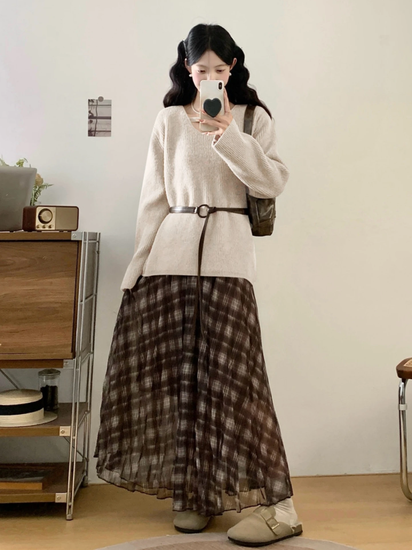 

plus Size Women's Knitted Set High Waist Belted Concealing Spring Autumn Fashionable Two-Piece Suit V-Neck Long Sleeve Casual