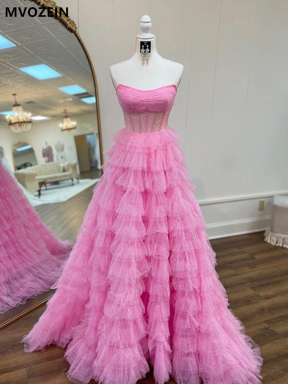 MVOZEIN couches rose robes de bal 2025 bretelles dos nu longue robe de soirée robes de soirée robe d'occasion formelle brillant Tulle