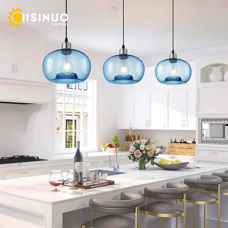 Modern minimalist blue glass chandelier, farmhouse bubble glass chandelier, restaurant kitchen island, bar counter, glass lampsh