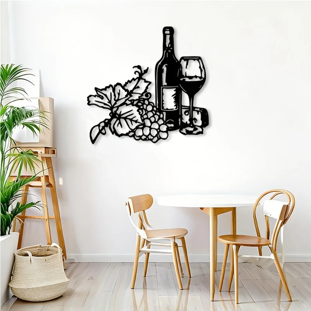 2D Flat Wine Grape Iron Wall Art Black Cluster Silhouette Rustic Vineyard Kitchen Bar Dining Indoor Housewarming Gift Decor