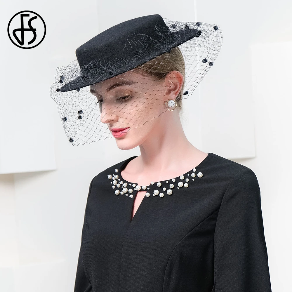 FS Female Vintage Black British Top Hats For Women With Veil Elegant Church  Formal Cap Ladies Cocktail Tea Party Millinery 2024