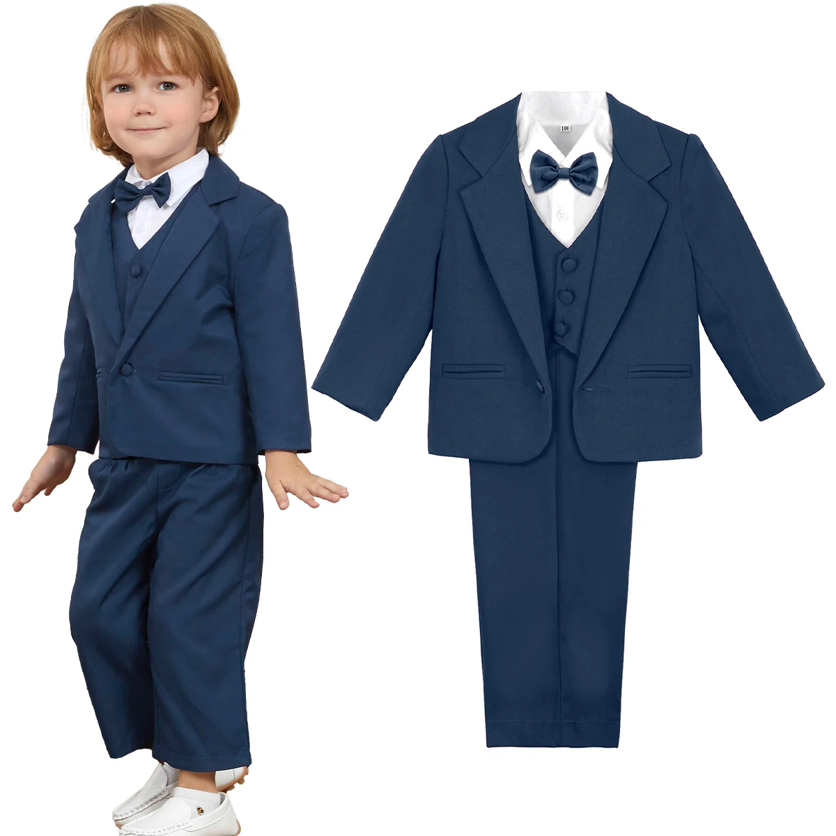 Baby Suit Toddler Boys Tuxedo Kids Formal Wedding Dress Ring Bearer Outfit Navy Blue 5 Piece Set Jacket Shirt Vest Pants Bowtie