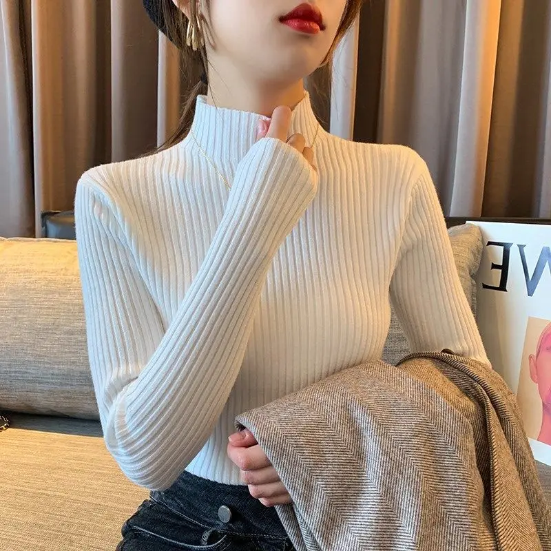 Elegant Solid Basic Knitted Tops Women Turtlneck Sweater Long Sleeve Casual Slim Pullover Korean Fashion Simple Chic Clothes