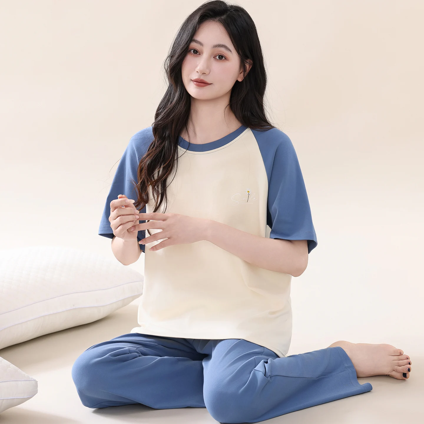 Summer Short Sleeve Women Full Cotton Pajamas Set Solid Color Long Pants Pijamas Sleepwear 2Pcs Pullover Pyjamas For Young Lady