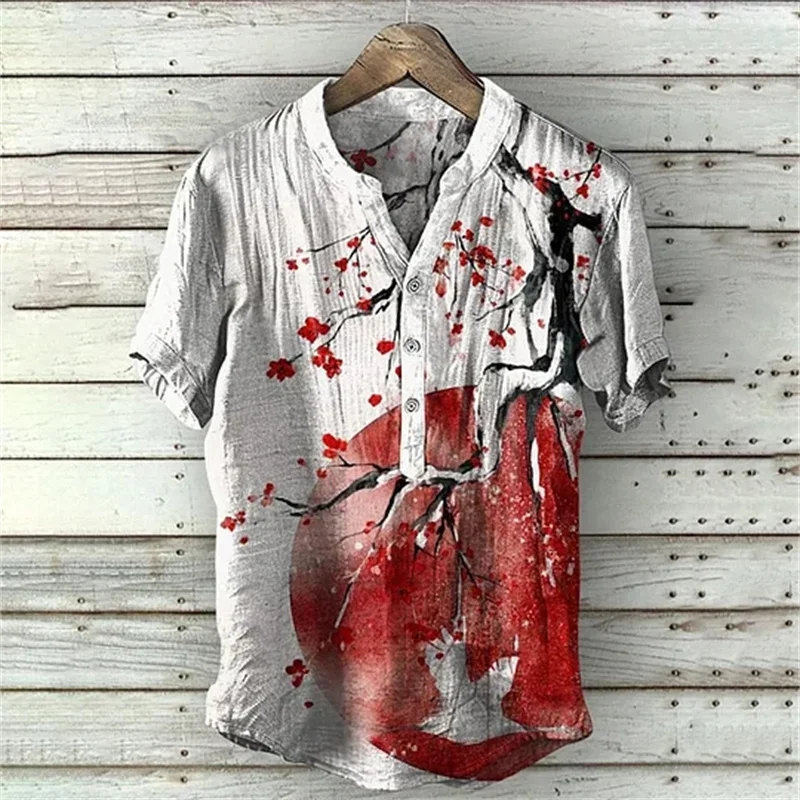 2024 Summer Men's Henry Shirt-V Neck Short Sleeve T-shirt Casual Print Shirt Elegant Comfortable Top New Clothing