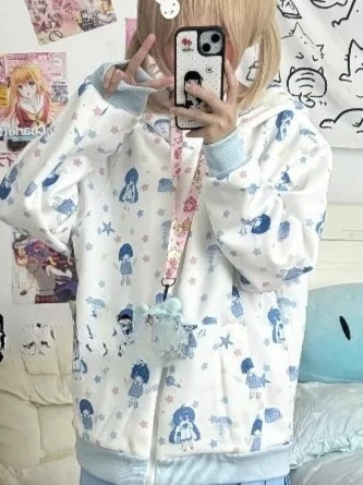 

Cute Cat Ear Hooded Zipper Sweatshirt Jacket Japanese Style Anime Girl Subculture Cartoon Print Loose Slimming Hoodies Women