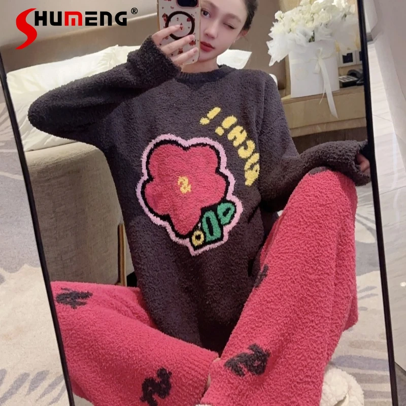 

Korean Sweet Cute Pajamas Suit for Women Winter Half Fleece Loose Loungewear Female Japanese Style Wearable Sleepwear Set