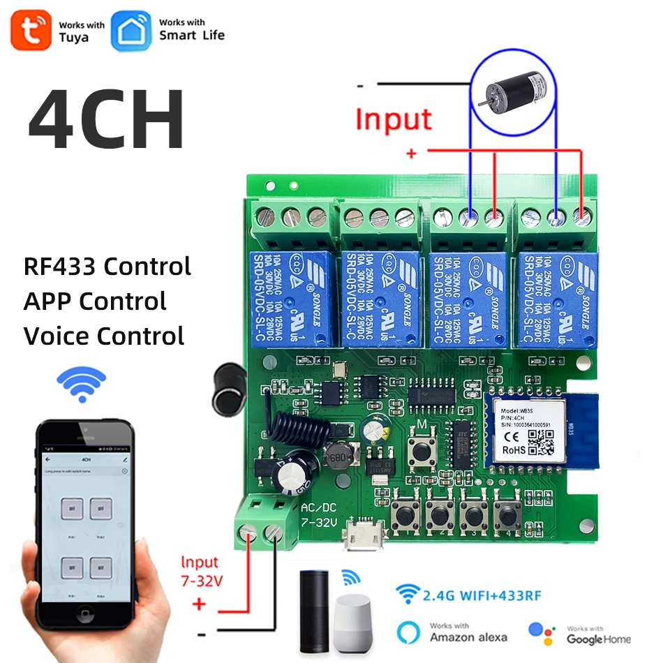 Tuya SmartLife 4CH WIFI DC Motor Controller Switch,DC 12V 24V 32V 4 Channel Pulse Inching Trigger Relay,Alice Alexa RF433 Remote