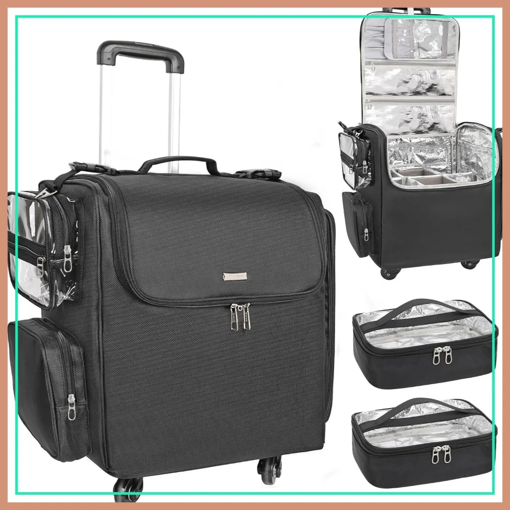 

Rolling Makeup Train Case, 4-Wheel Hairstylist Travel Bag, Heat Insulation, Adjustable Dividers, Cosmetic Trolley Suitcase