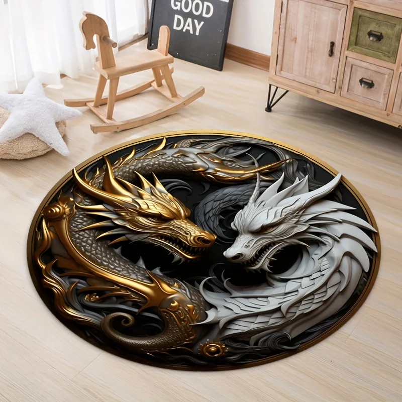 3D Golden Dragon and White Dragon Round Rug, Non-slip Floor Mat for Living Room, Bedroom, Bathroom, Holiday Home Decoration