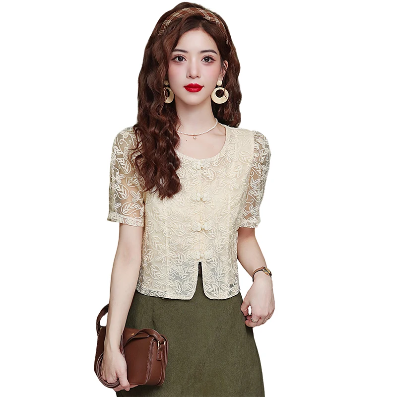 New 2024 Summer Women Blouse Short sleeved Lace Shirt Solid Color Vintage embroidery Top