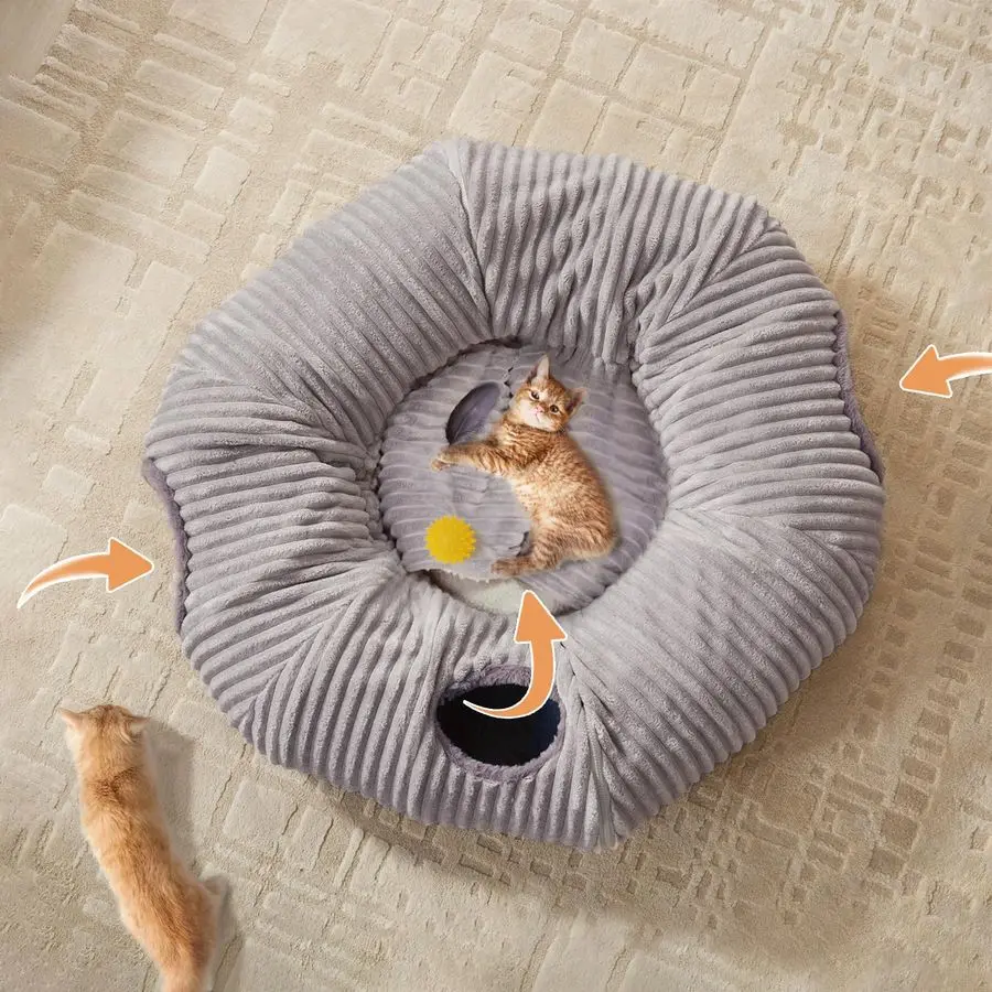 Letto a tunnel per gatti da interno, giocattolo a tunnel a ciambella per gatti con cuscino circolare lavabile, tenda da allenamento, giocattoli per parco giochi multifunzionali nascosti