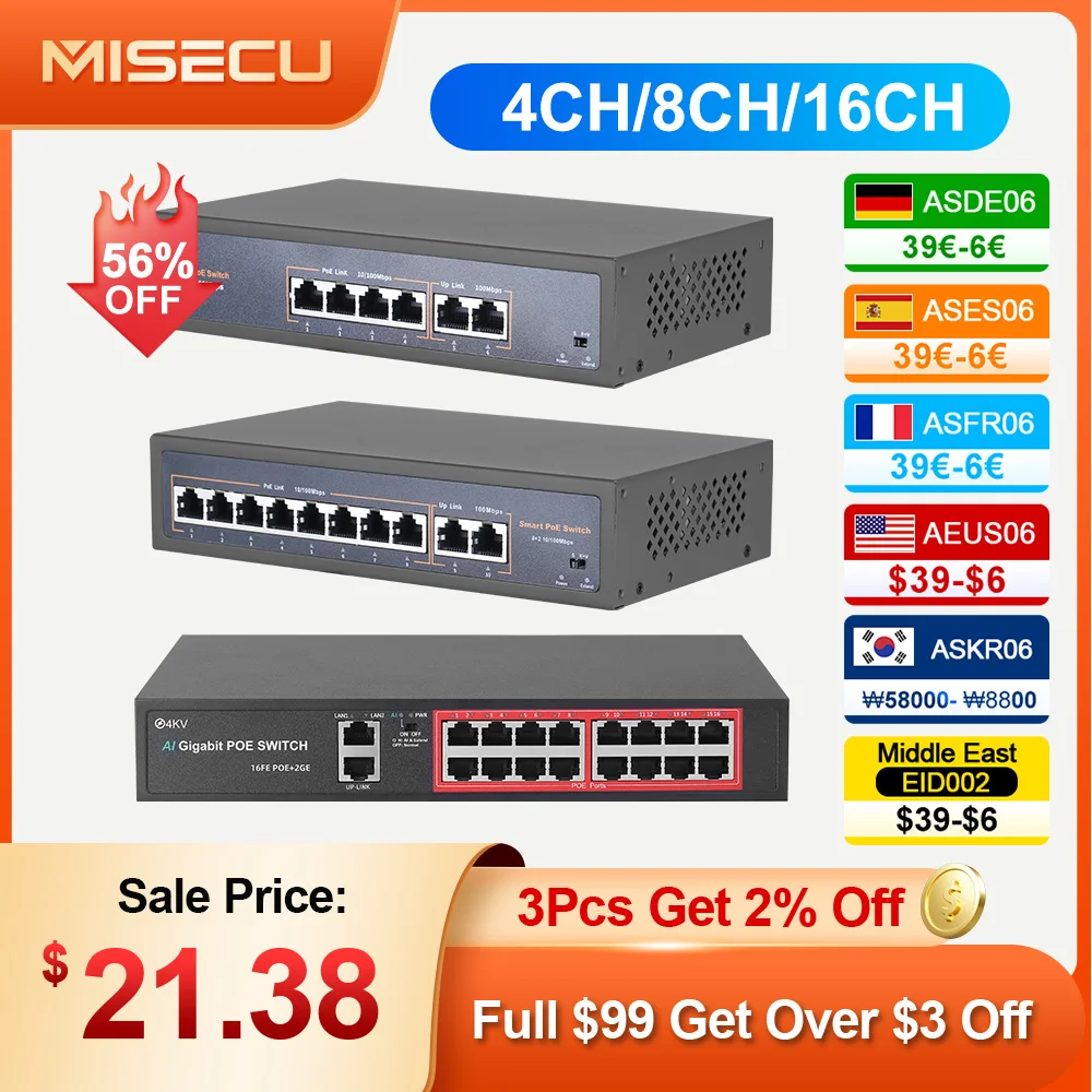 

Коммутатор MISECU 48V 4/8/16 портов POE коммутатор Ethernet Switch 10/100Mbps IEEE802.3 Af/at Для IP-камеры/беспроводной AP/CCTV камеры AI Smart Switch