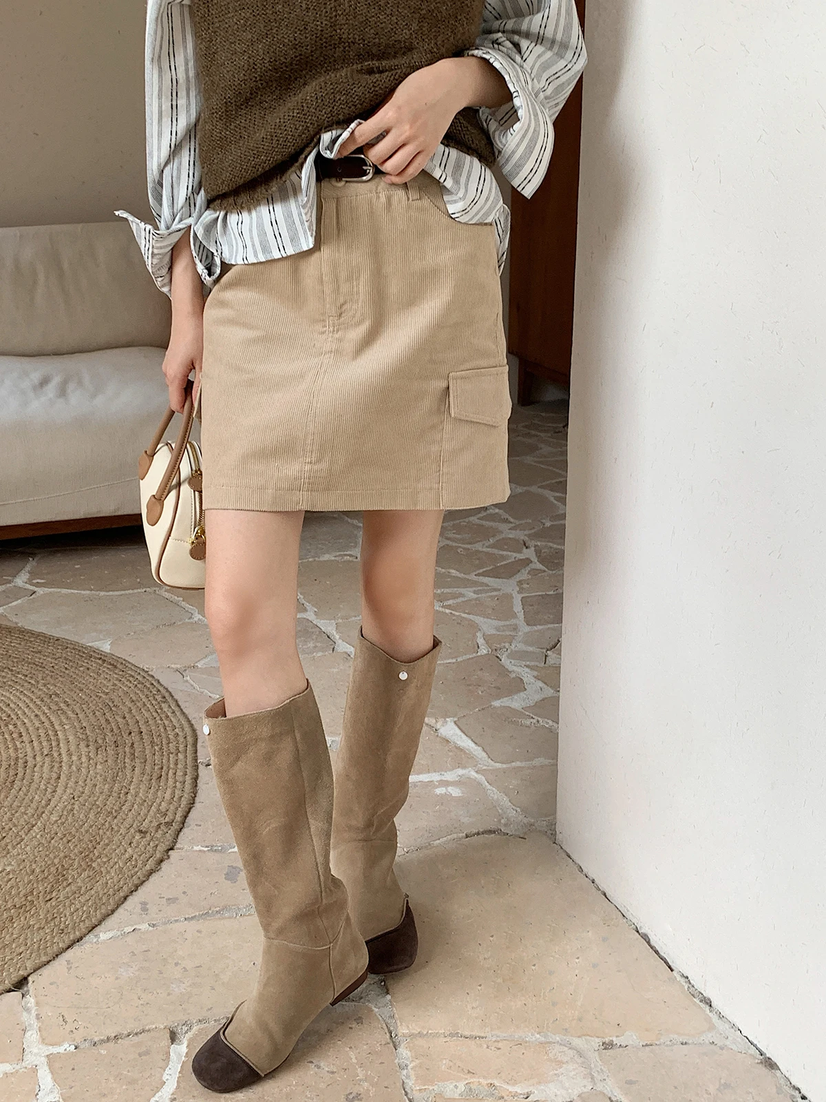 

Женская вельветовая юбка с высокой талией, цвета хаки, А-силуэт, повседневная, из полиэстера, приталенная, осенняя новинка