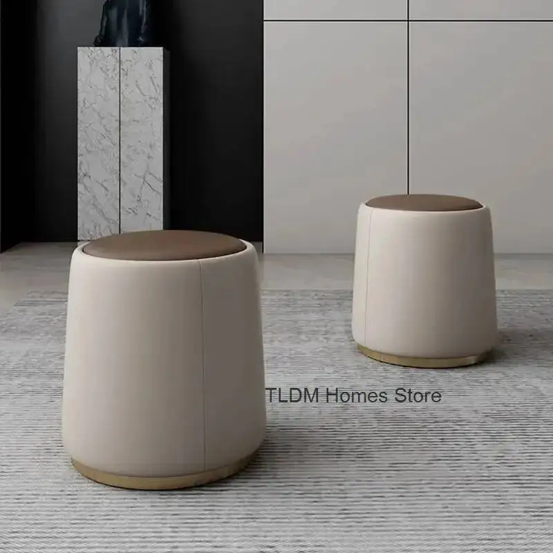 Household Luxury Bedroom Pillars Light Makeup Low Bench Small French Sitting Round Bench Leather Stool Small Soft Bag