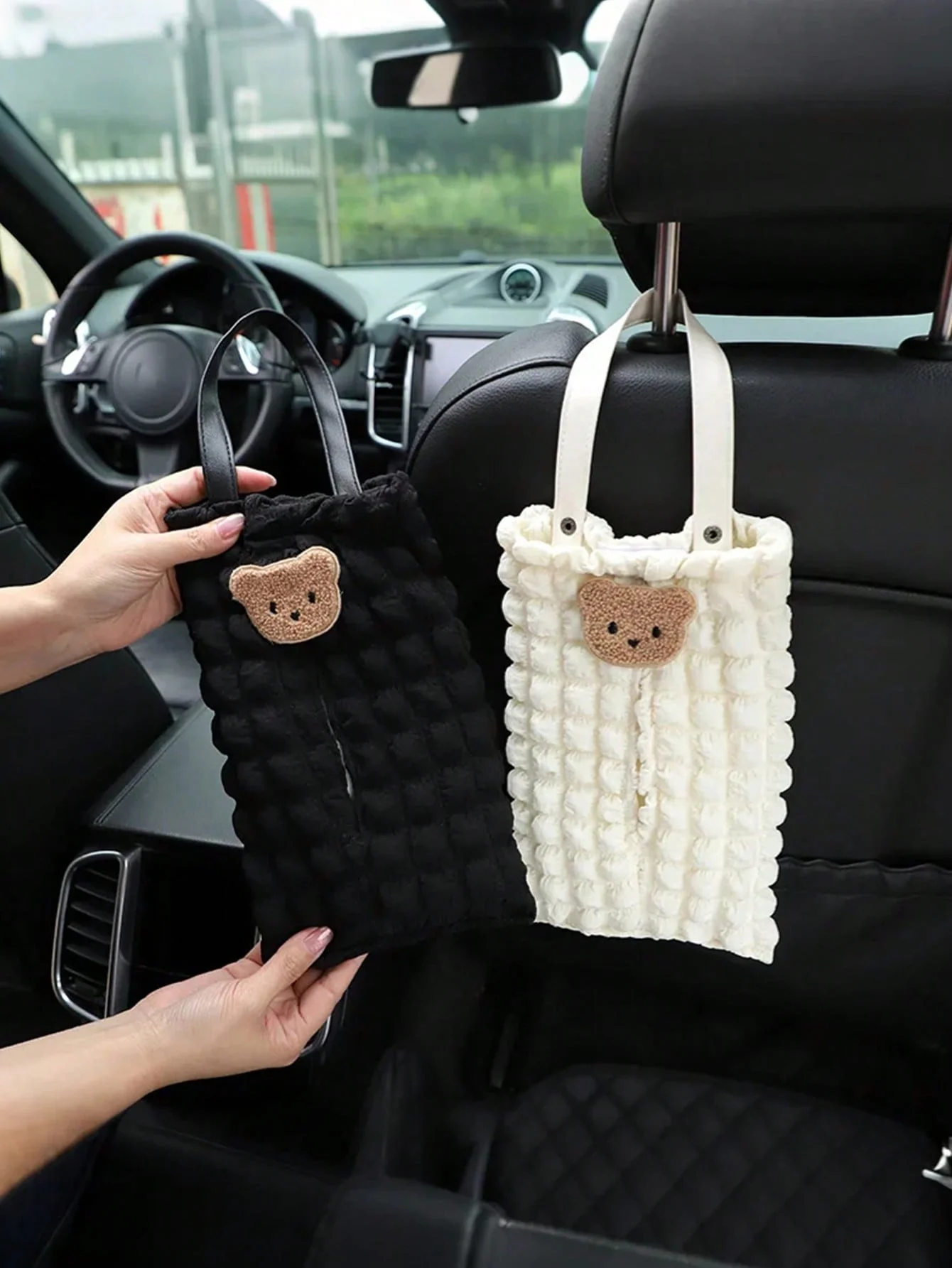Luxury Puff Grid Car Tissue Box, Cute Bear, Car Tissue Bag, Large Capacity, Hanging Seat Back Organizer, Soft Quilted Fabric, Ki