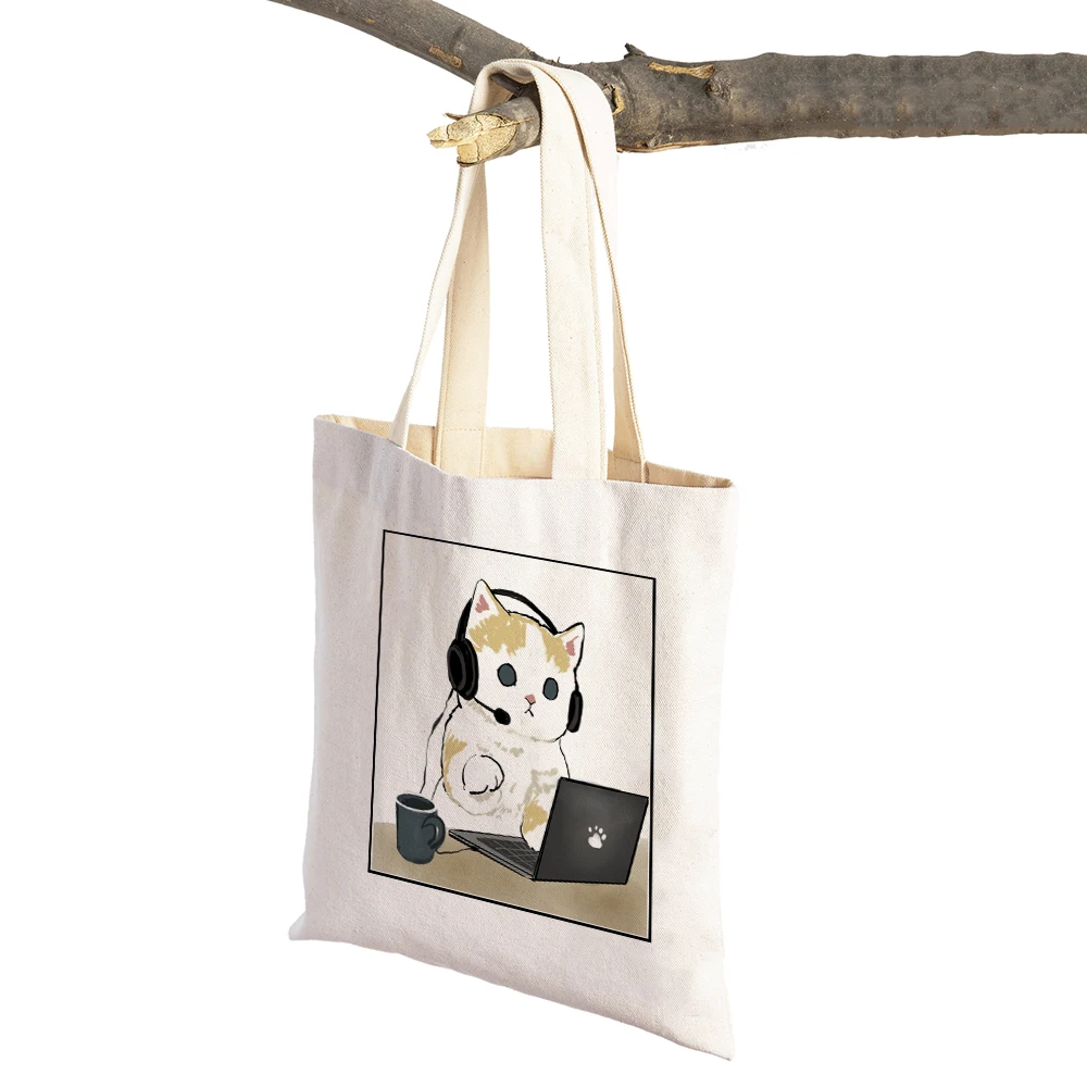 Fashion Supermarket Shopper Bag Kawaii Funny Cat Hamster Women Tote Handbag Animal Print Canvas Cloth Lady Shopping Bags