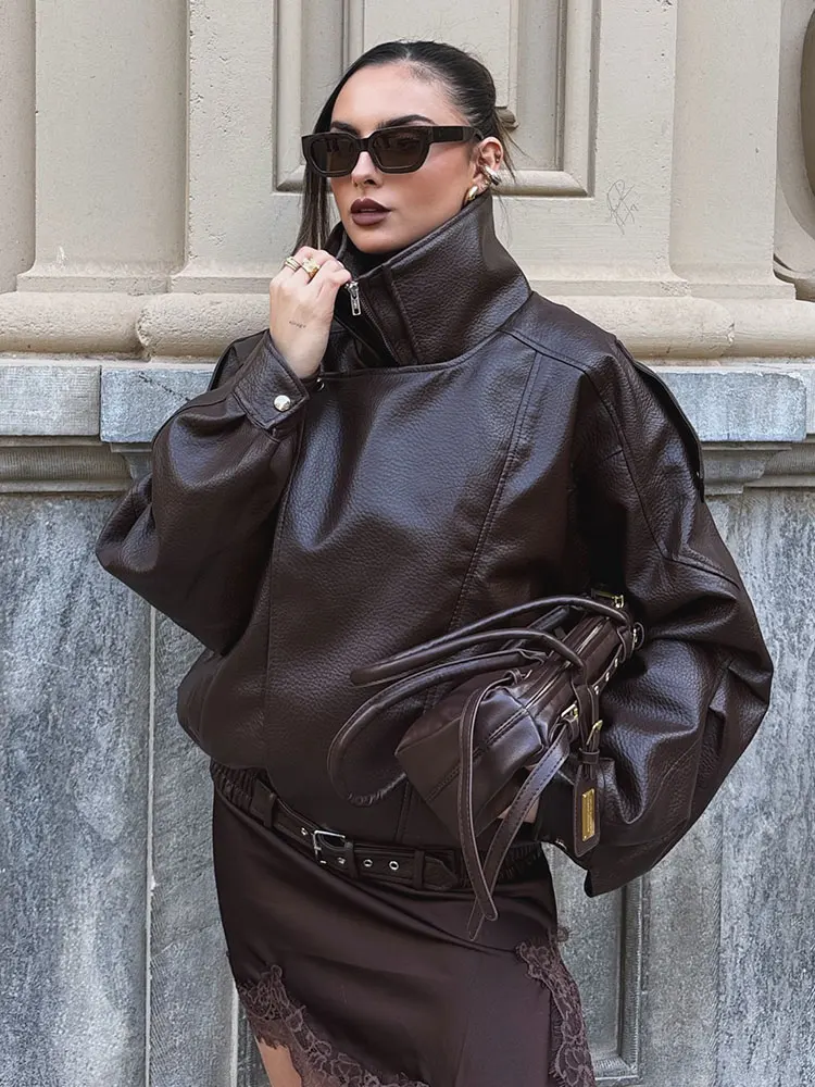 Jaqueta Feminina de Couro Sintético HH 2026, Gola Alta, Manga Longa, Casaco com Zíper, Jaqueta Vintage de Motociclista, Moda Urbana Feminina