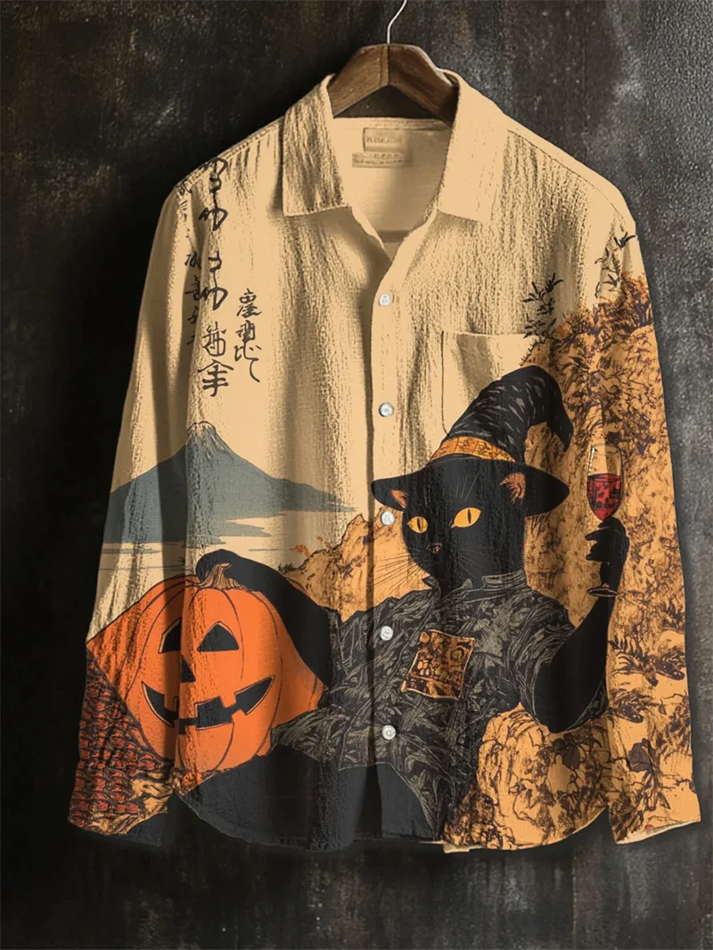 

Новая бестселлерная мужская льняная рубашка с длинным рукавом, винтажная повседневная рубашка с рисунком котенка, рубашка с 3D художественным принтом животных, топ