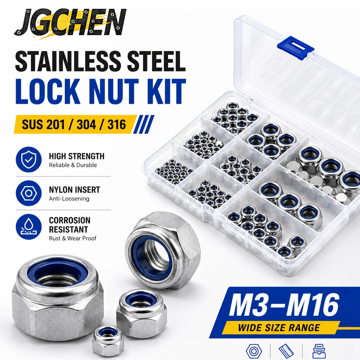 SUS 201 304 316 Stainless Steel Nylon Insert Lock Nuts Assortment Kit M2-M16 DIN985 Hex Self Locknut Storage Box Hardware Set