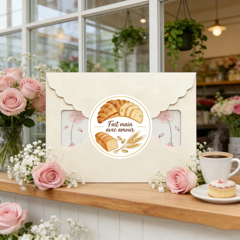 Round Stickers -  "Fait main avec amour" Design for Gift Bags, Gift Boxes & Bakery Packaging, Bread Display Supplies