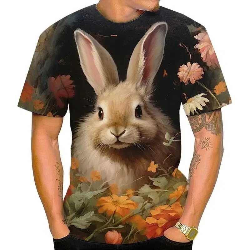 

Cute animal rabbit pattern men's T-shirt flower 3D printed T-shirt summer casual round neck top unisex short sleeved