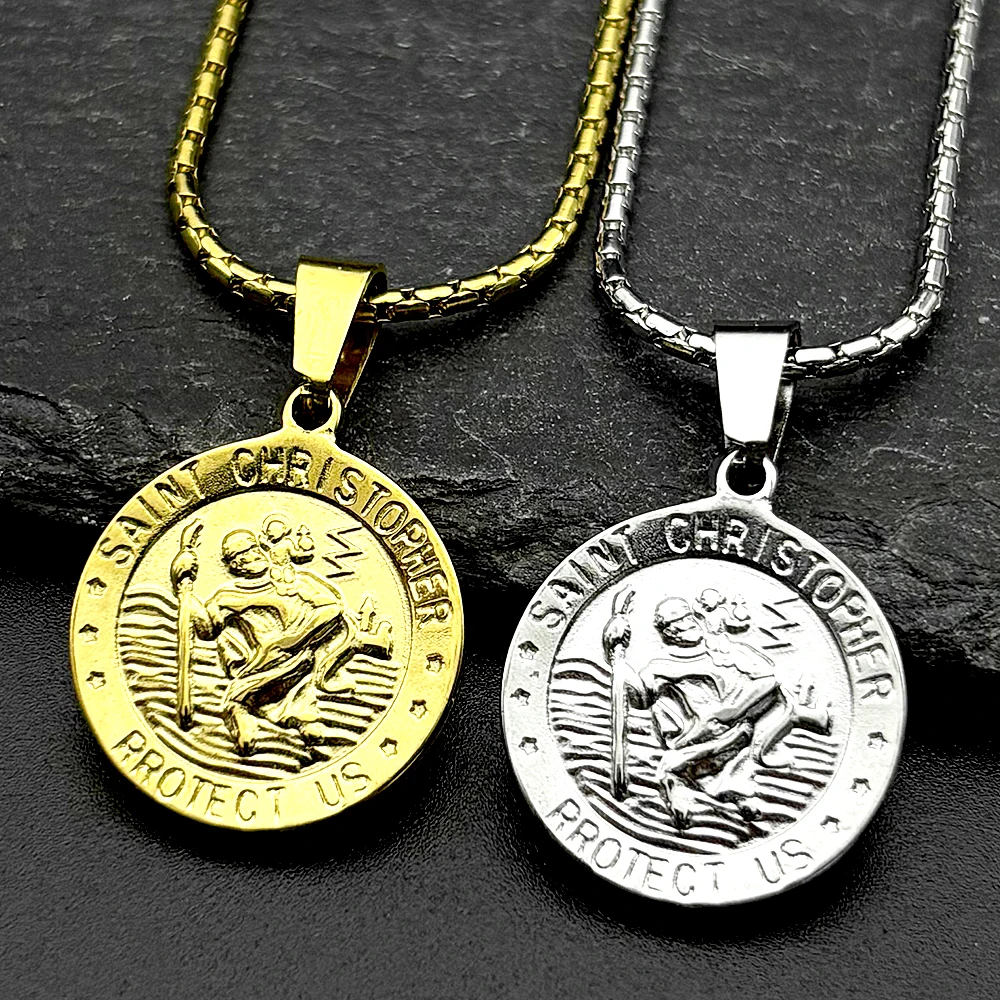 Saint Christopher Protect Us Pendant Necklace for Women Men Stainless Steel Gold Color Catholic Religious Amulet Chain Jewelry
