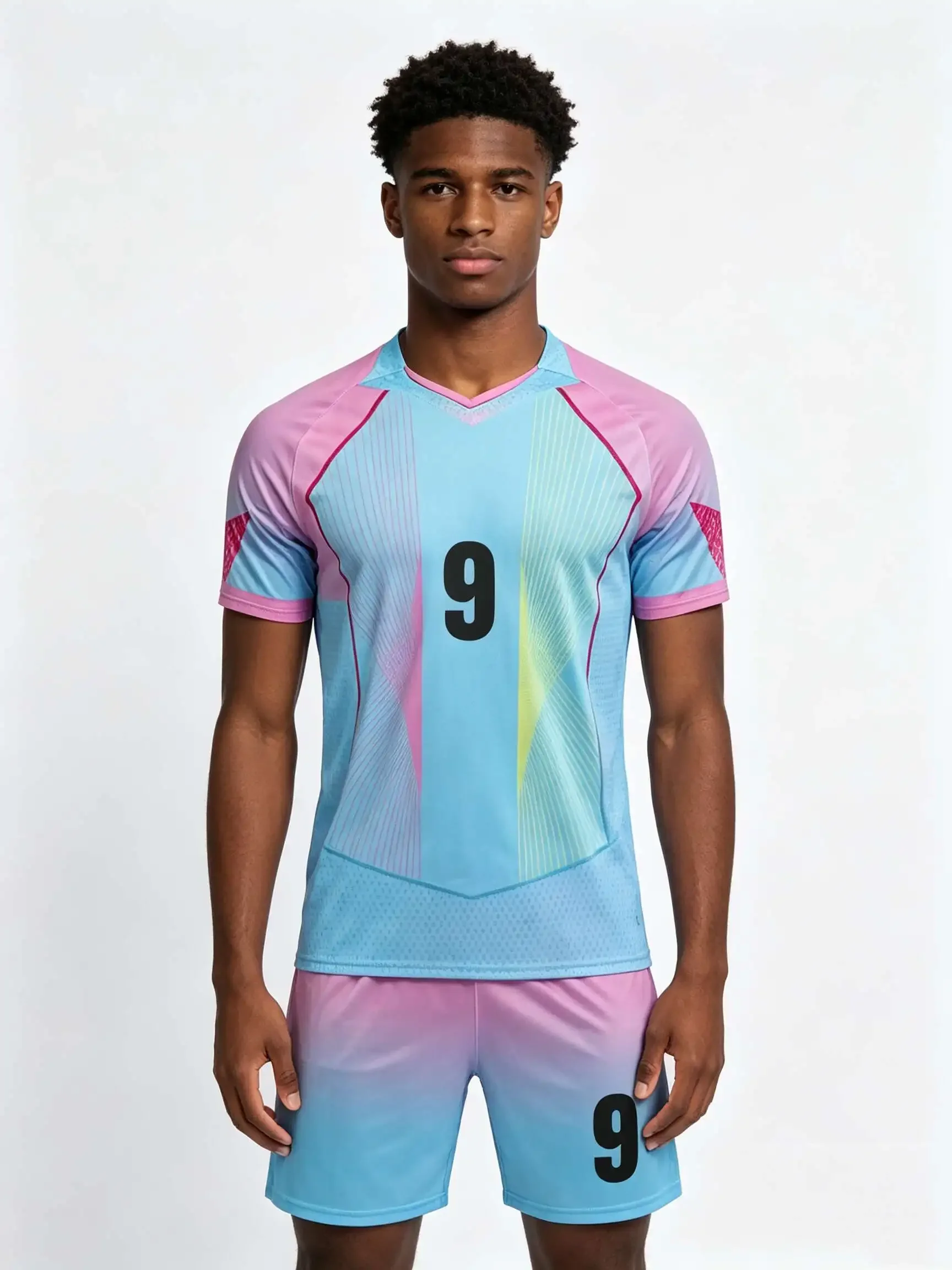 26/27 Unisex Blank Soccer 2‑Piece Set, Kids Adults Parent‑Child Kit, Custom Sea Blue No. 9 for School Outdoor Team Sports