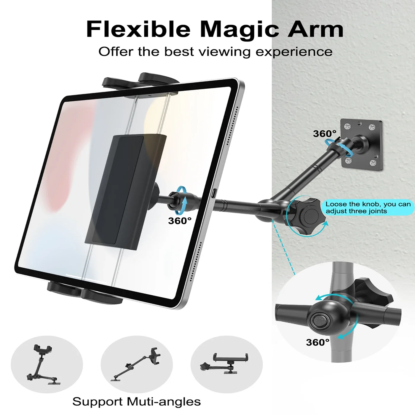 Metal Wall/Car Tablet Mount Drill Base & Adj Arm for iPad 4-13”, Galaxy Tab, iPhone, Switch, Truck, Ki