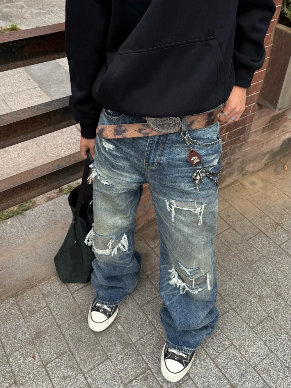 Vintage Washed Distressed Patchwork Jeans Loose Straight Leg Men's Casual Wear Durable Non-Stretch Retro Style Autumn Season
