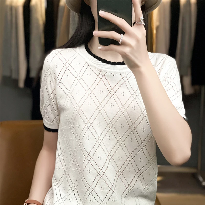 Women O-Neck Short Sleeve Knitted Sweater Shirt Hollow Out Geometric Pullover Tops Solid Slim Cotton Blouse Clothing Female