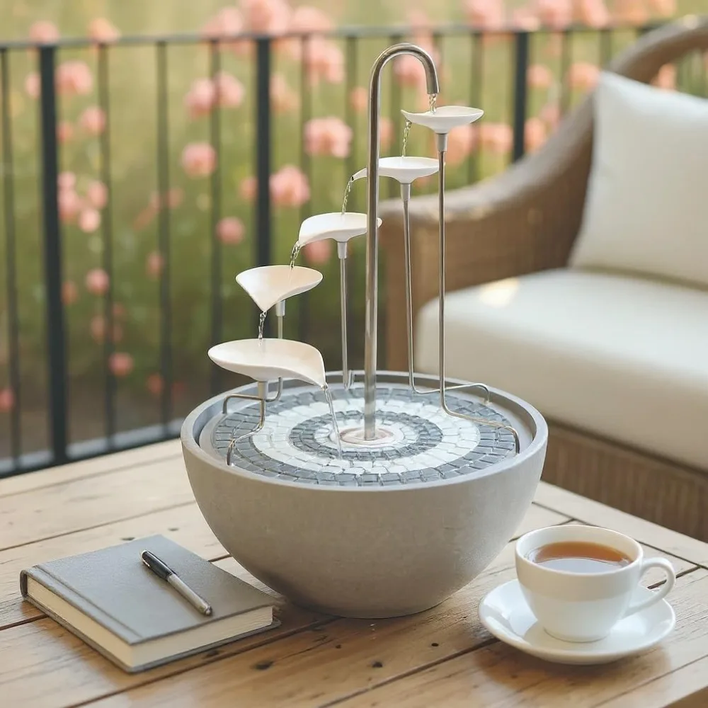 

Фонтан с функцией воды Каскад с белым листом, серая мозаика, фарфоровая чаша в комплекте, до 100 часов за зарядку, зарядка через USB, выход