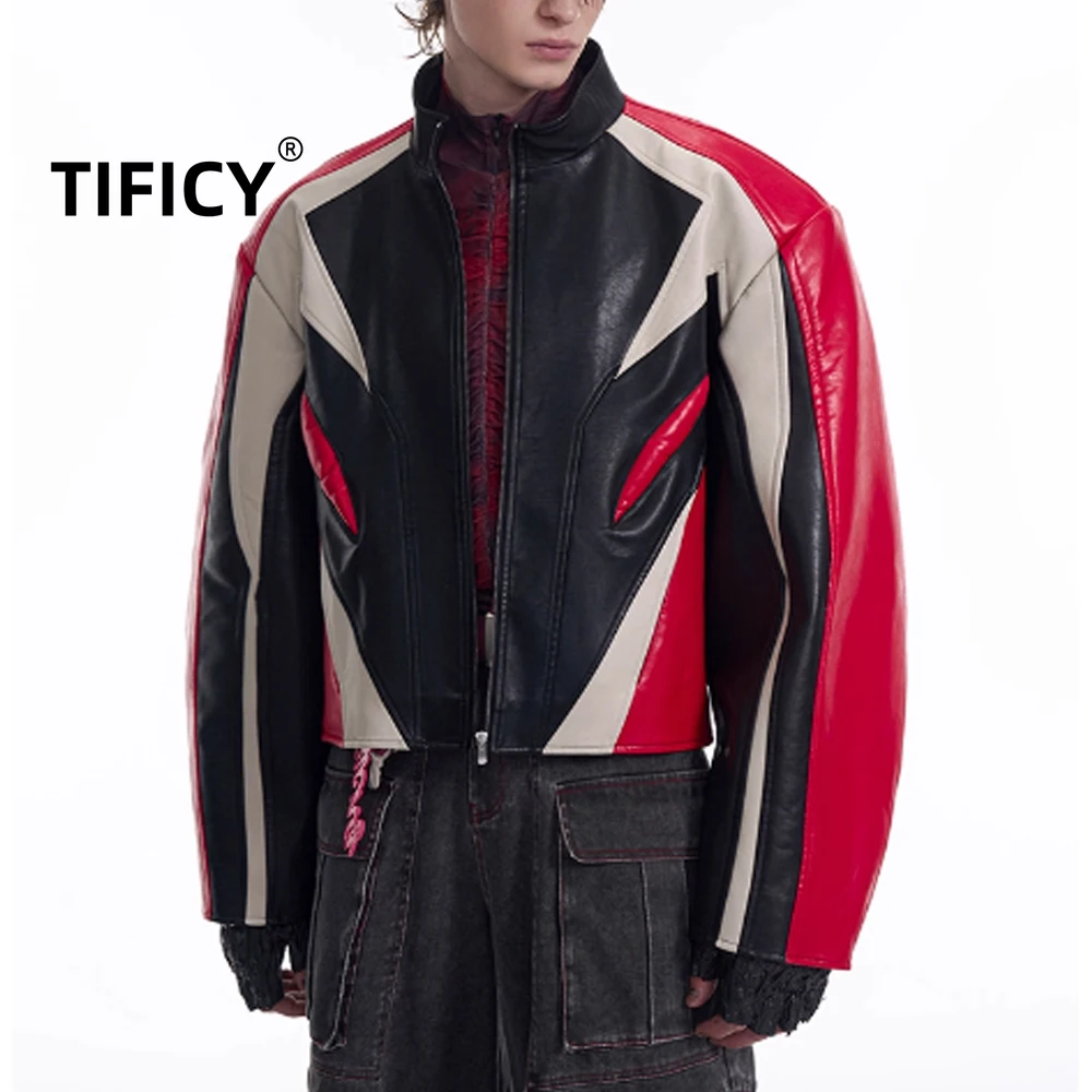 High Street korte staande kraag kunstleer jas heren lente contrasterende kleur splitsen motorfiets mode jas