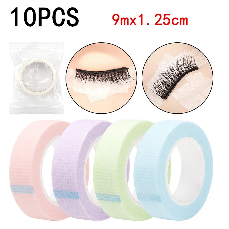 10PCS Cinta de Extensión de Pestañas de Colores 1.25x9M, Parches No Tejidos para Debajo de los Ojos, Cinta Microporosa para Pestañas, Uso en Piel Sensible