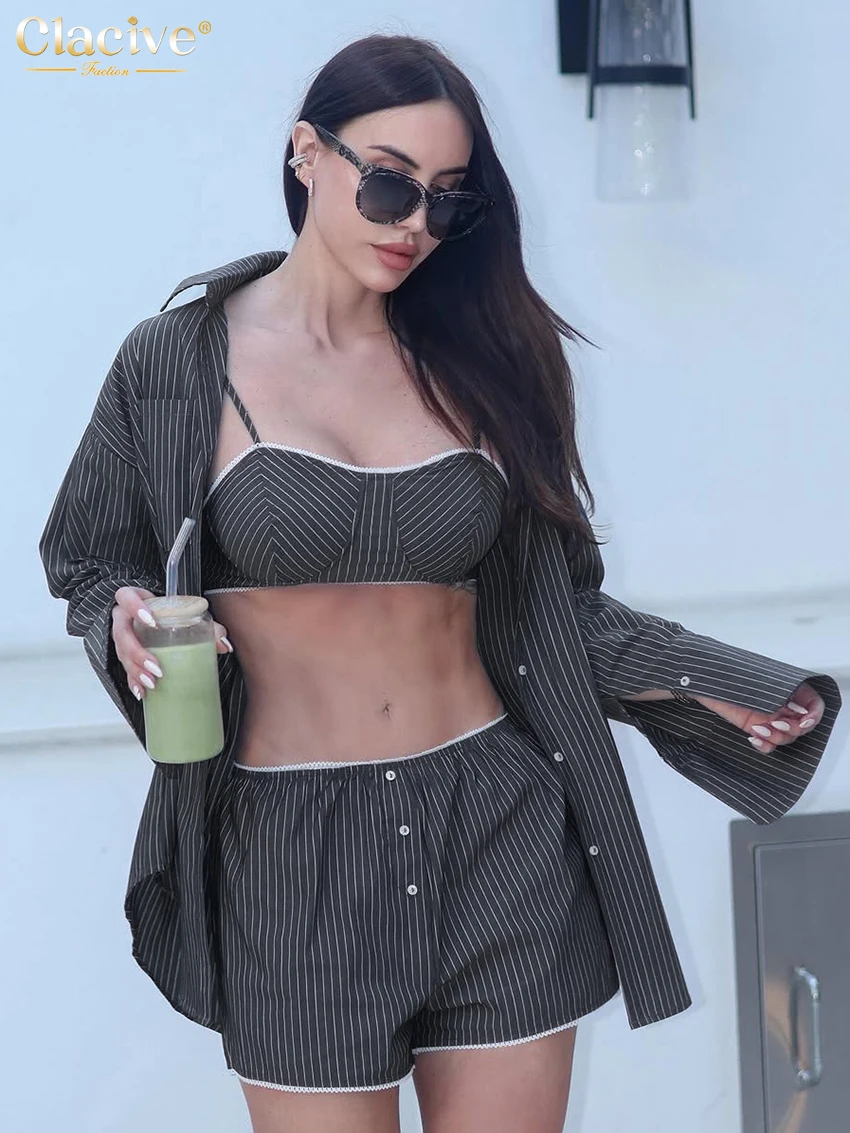 

Clacive Fashion Loose Black Stripe Women's 3 Pieces Set 2025 Sexy Long Sleeve Shirt +Bra With High Waist Shorts Set Female