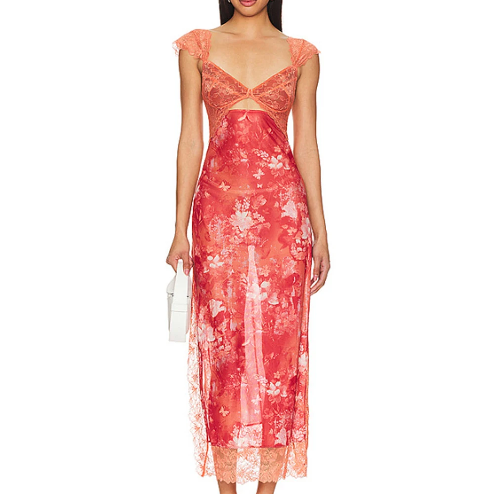 المرأة الأزهار المطبوعة المرقعة الدانتيل عارية الذراعين الصدرية الجبهة فستان طويل قطع سبليت الشاطئ عيد ميلاد مثير نادي فساتين السهرة الطرف