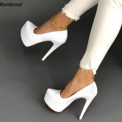 Ronticool Handmade Women Platform Pumps Sexy Thin High Heels Round Toe Pretty White Red Pink Party Shoes Women US Plus Size 5-20